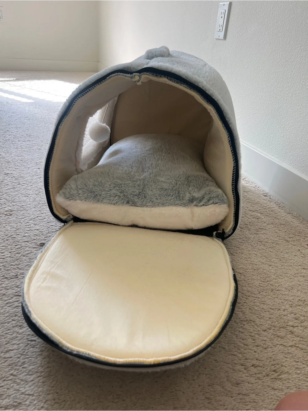 Cozy Gray Plush Pet Cave Bed with White Trim